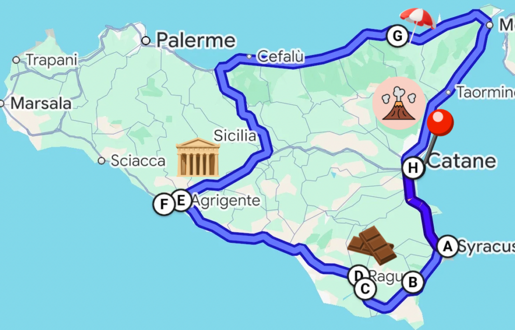 Carte de la Sicile avec itinéraire